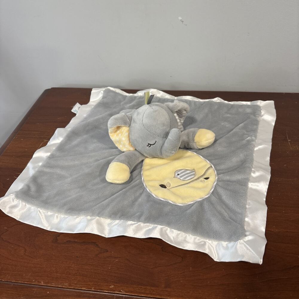 Douglas Baby Gray Elephant Yellow Bird Lovey Security Blanket Plush Satin 14.5”